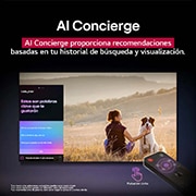 LG TV LG NanoCell AI 75'' │ UHD 4K │ Procesador Alpha 7 4K Gen8, Un LG AI Magic Remote frente a la pantalla de una LG TV. En la pantalla, aparece un saludo personalizado de LG AI con palabras clave personalizadas basadas en el historial de búsquedas y visualizacion, 75NANO80ASA, thumbnail 12